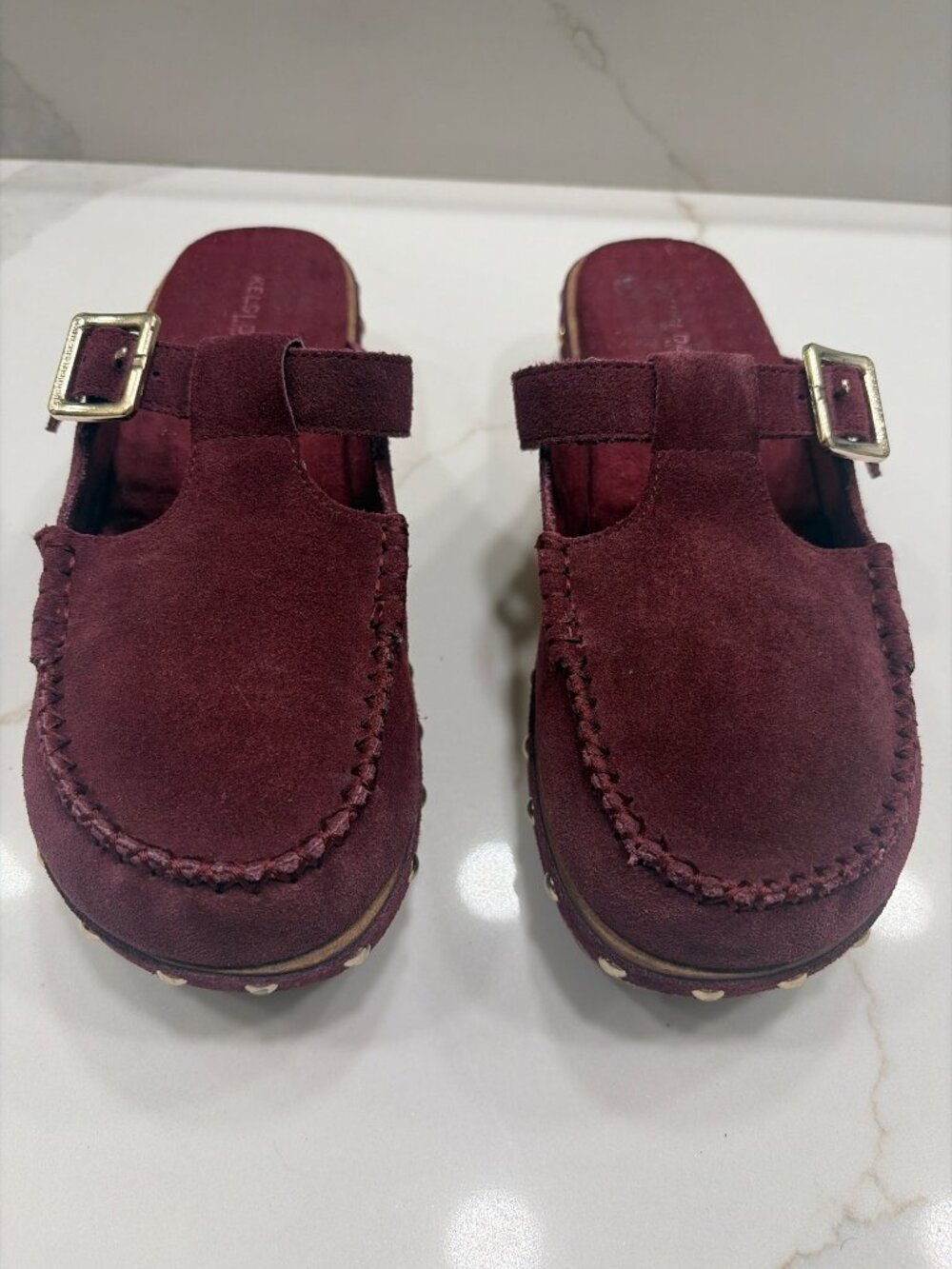 Kelsi Dagger Mule Loafer Shoe Maroon Suede Size 7 Wood Heel Buckle